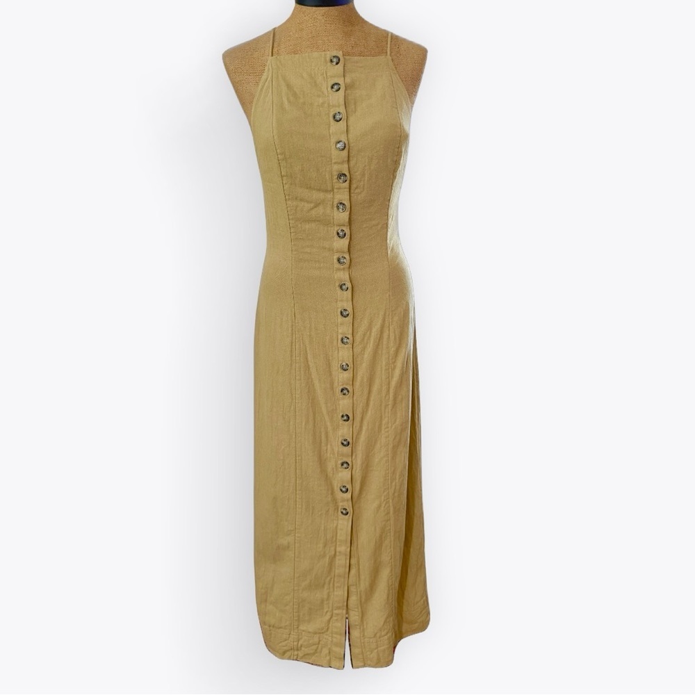 Free People button front midi dress linen cotton blend backless straps taupe XS‌ - Picture 2 of 10